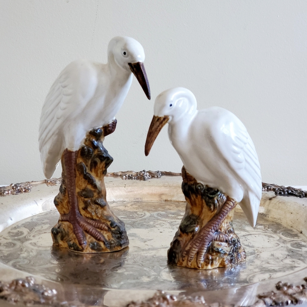 Pair VTG Japanese Ceramic Heron Pelican Figurines